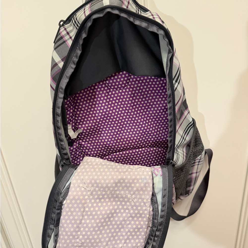 Dakine Gray and Purple Plaid Backpack with Bungee Storage - Picture 4 of 7